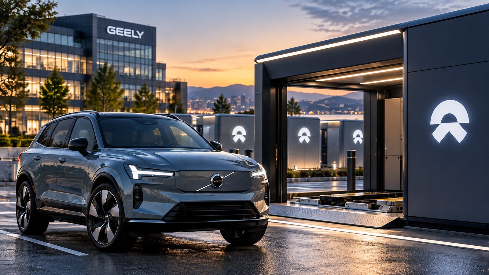 Редакційна ілюстрація про партнерство Geely та Nio у сфері швидкої заміни батарей електромобілів