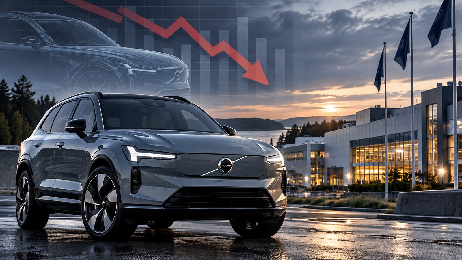 Редакційна ілюстрація до матеріалу про Volvo Cars, продажі, новий EX60 та тиск на автомобільний бізнес